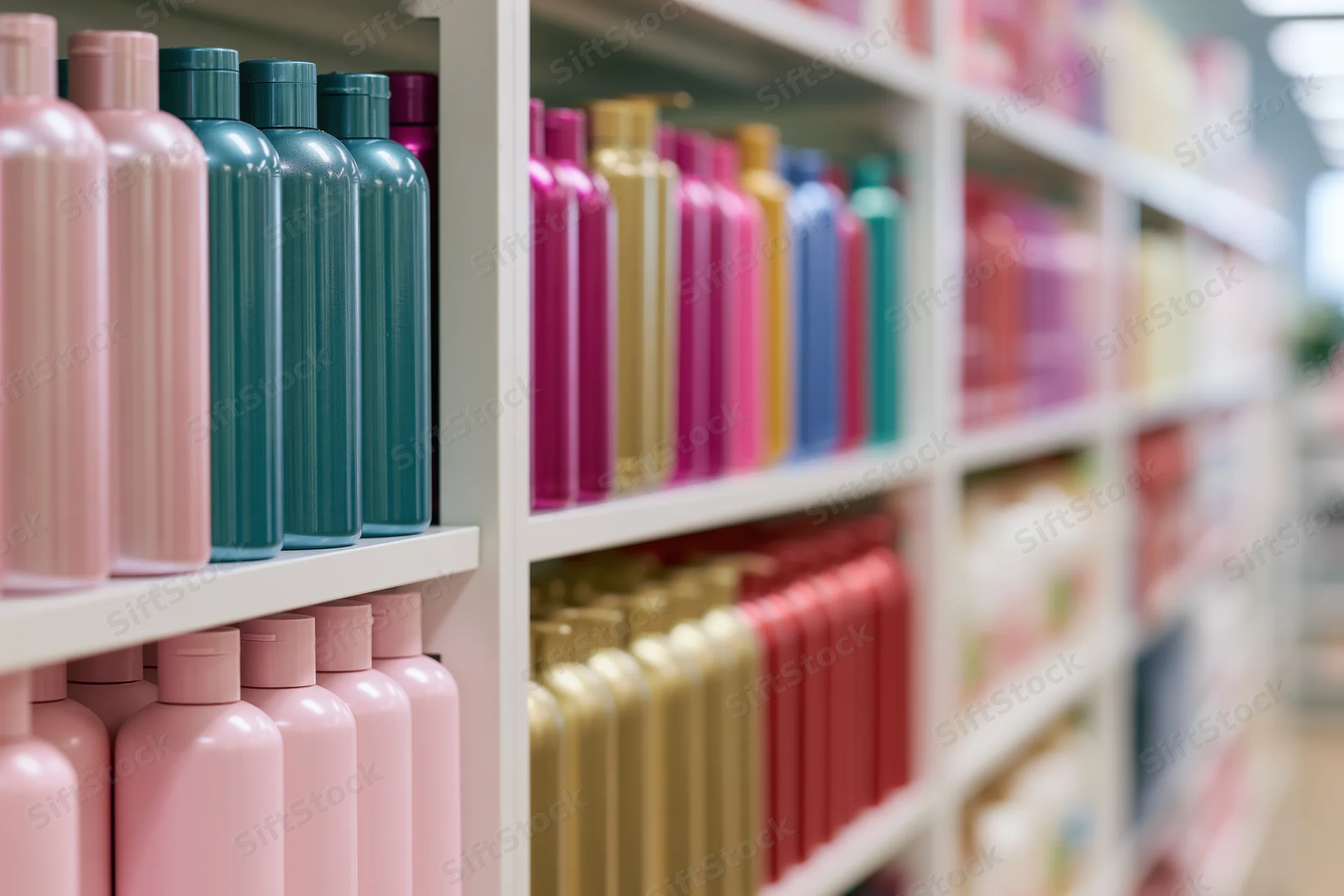 Hair care products neatly arranged on white retail shelves in a store