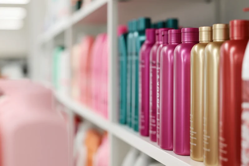 Hair care bottles arranged in rows on white retail shelves