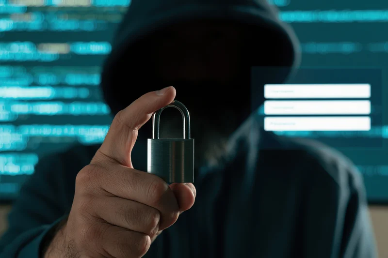 Hooded hacker holding padlock in front of digital code display