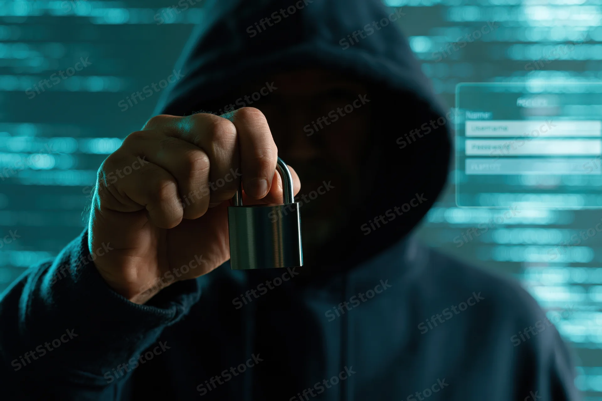 Hooded figure holding a padlock in front of a glowing digital interface
