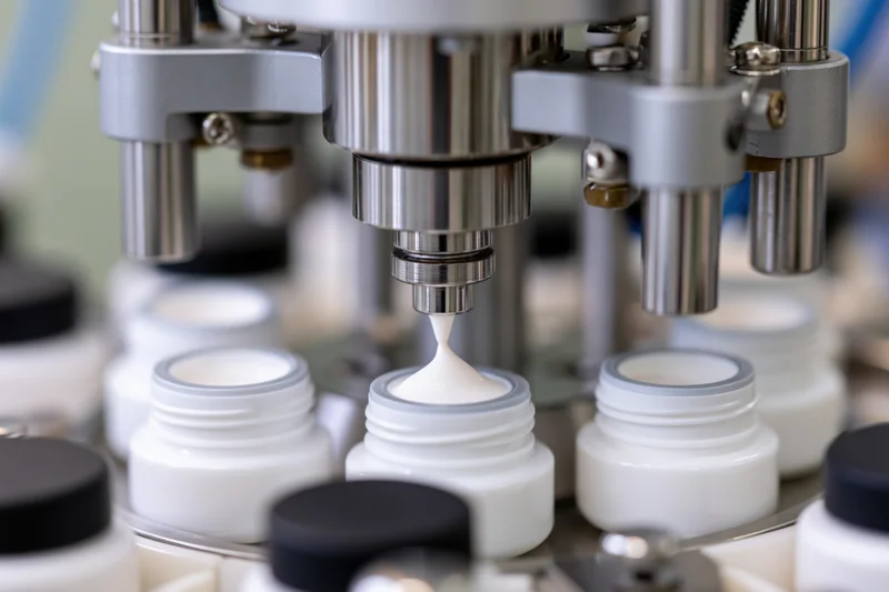 Industrial filling machine dispensing white cream into small bottles on a production line