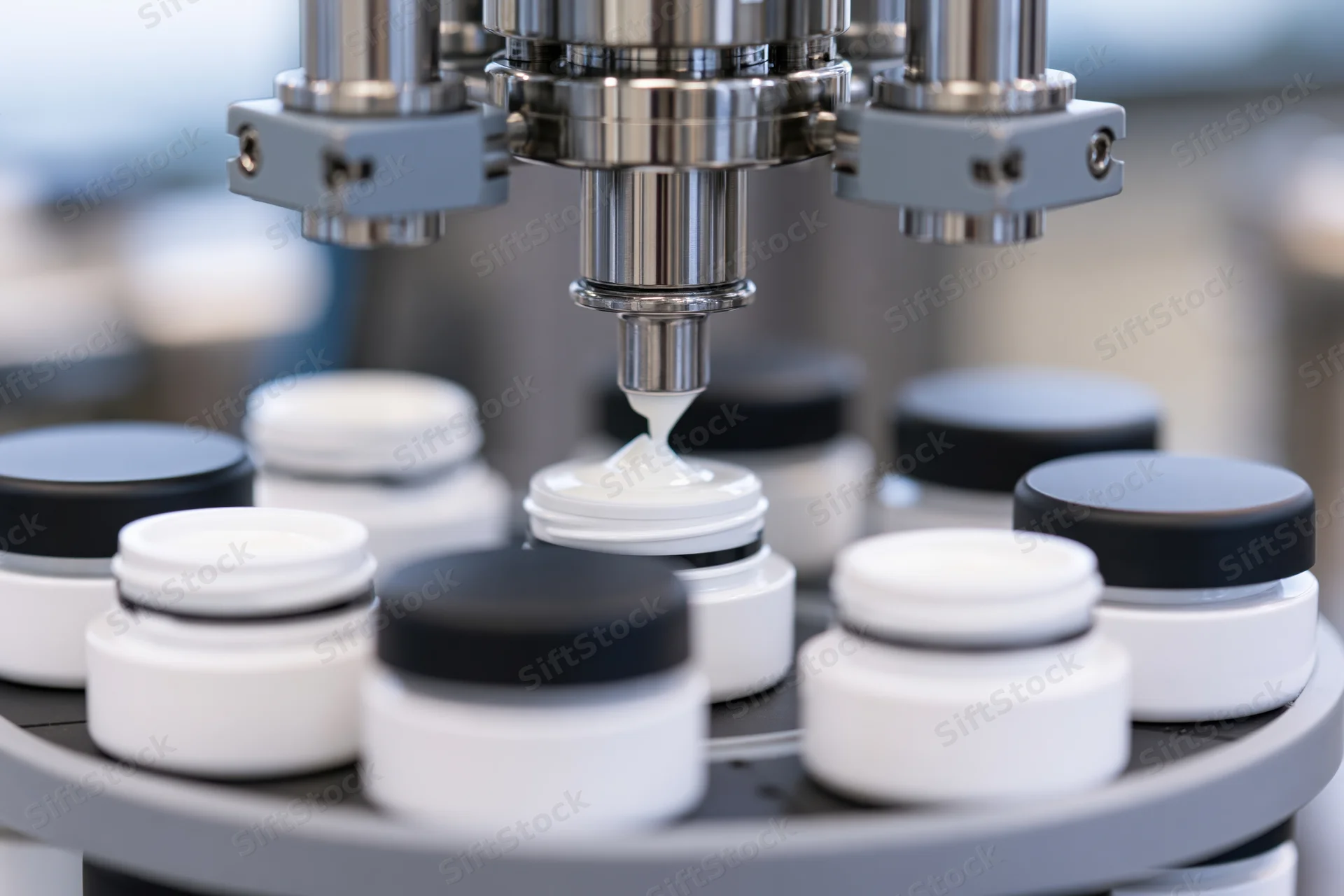 Industrial filling machine dispensing white cream into small bottles on a rotating platform
