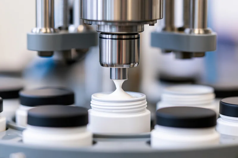 Industrial filling machine dispensing white cream into small plastic bottles on a production line