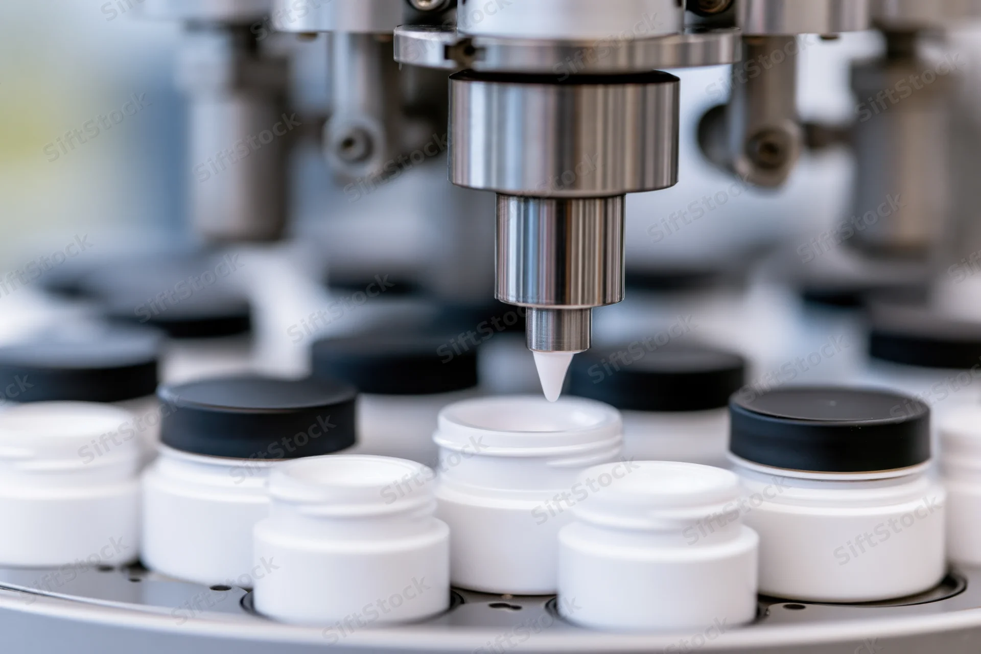 Automated filling machine dispensing white cream into small jars on a production line
