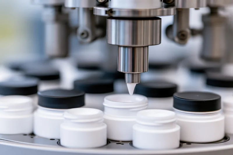 Automated filling machine dispensing white cream into small jars on a production line