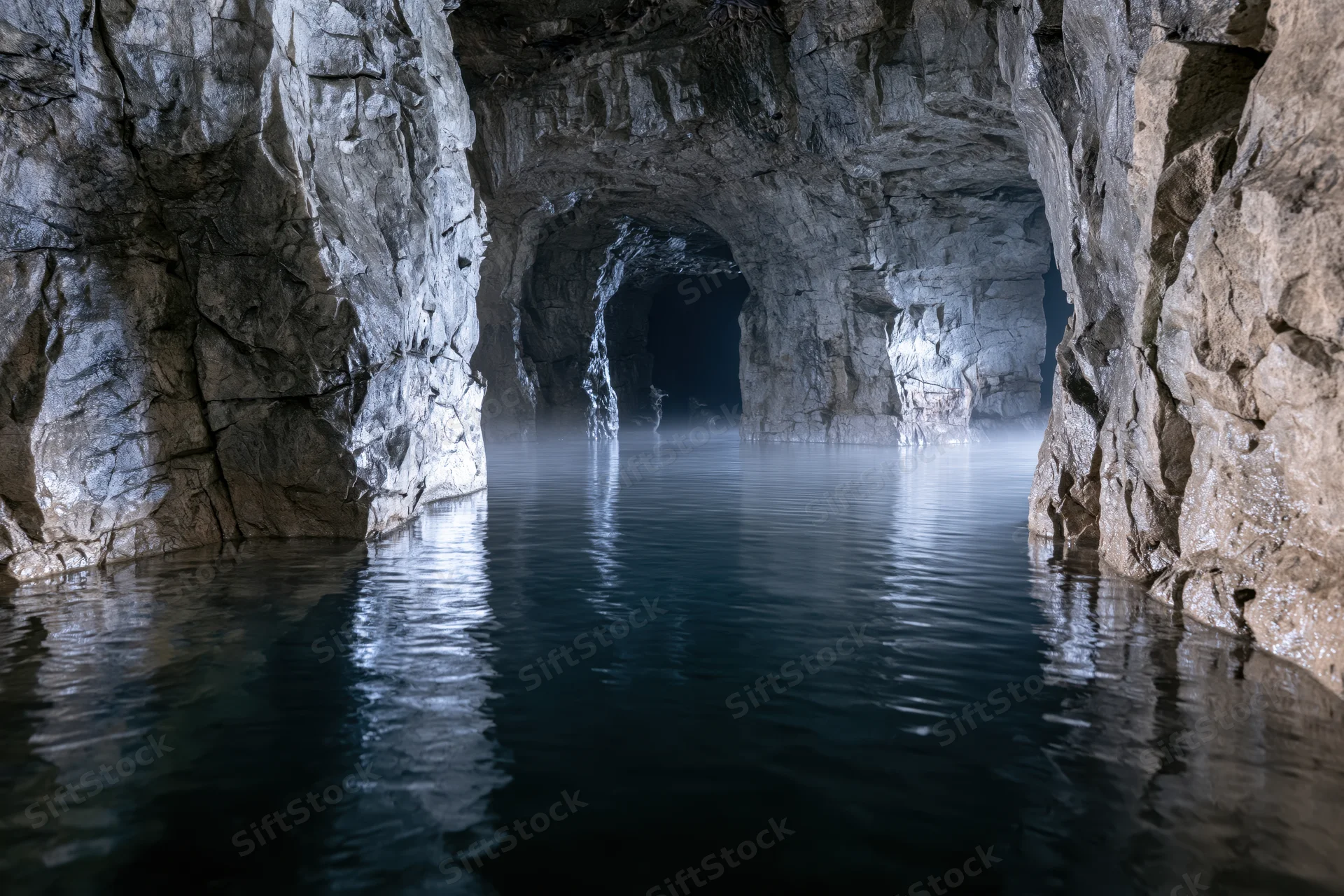 Flooded underground cave interior with still dark water reflecting rocky walls and misty passage ahead