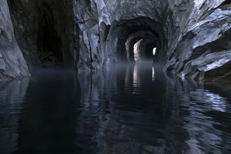 Flooded underground cave with still dark water reflecting rocky walls and misty passage ahead