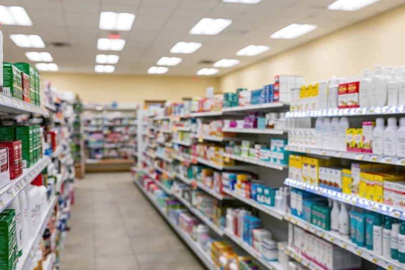 Pharmacy store interior with shelves stocked with beauty and health products lining an aisle