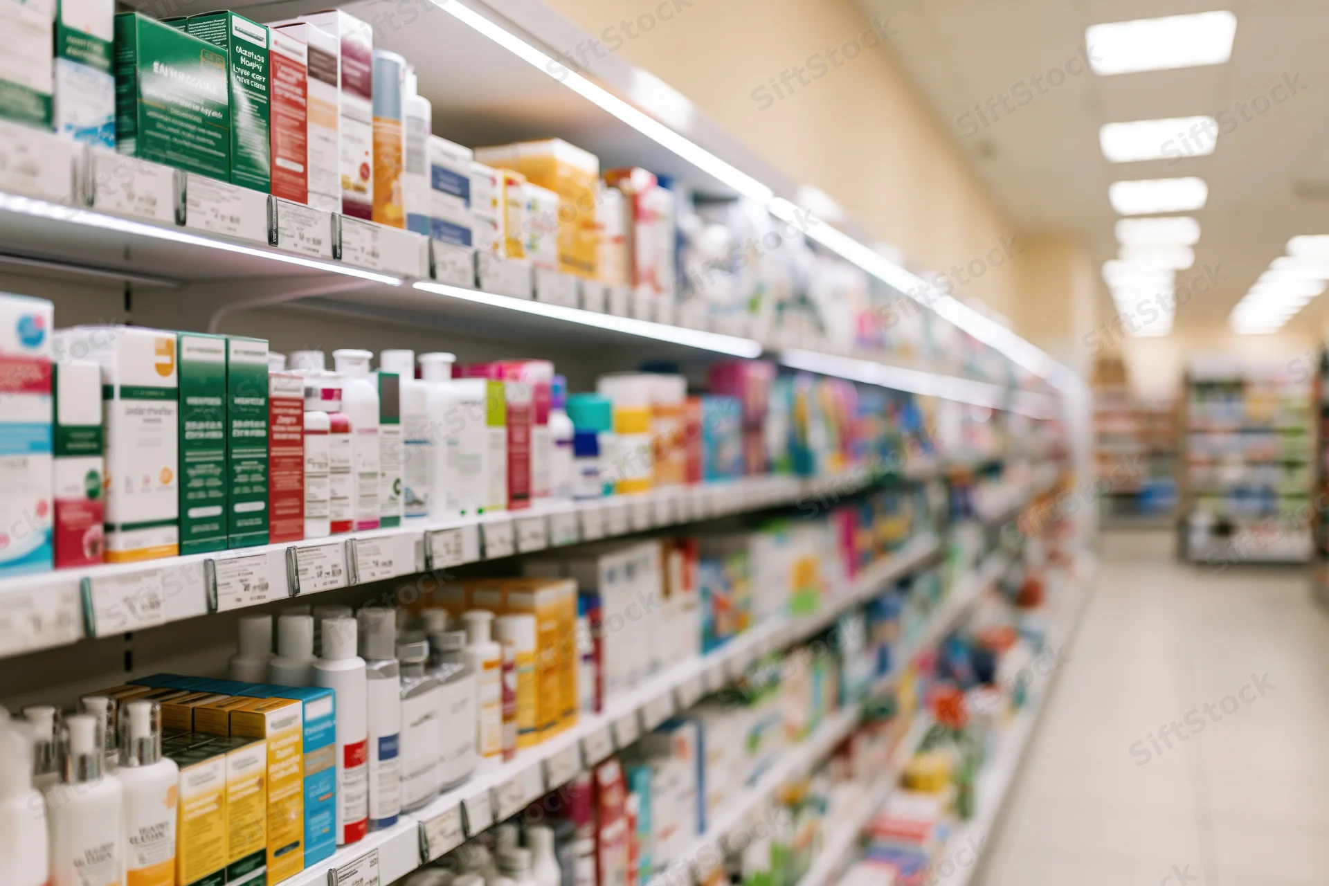 Pharmacy store aisle with shelves stocked with skincare and medication products