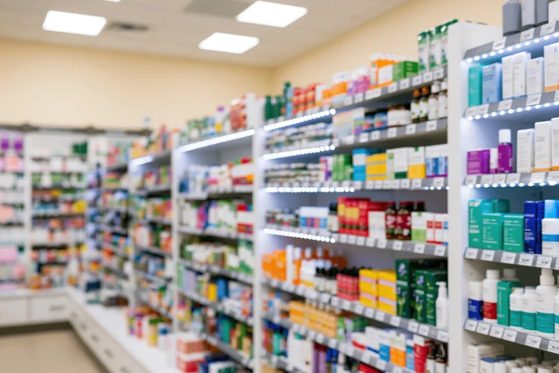 Pharmacy store interior with shelves stocked with medicine and beauty products under bright lighting