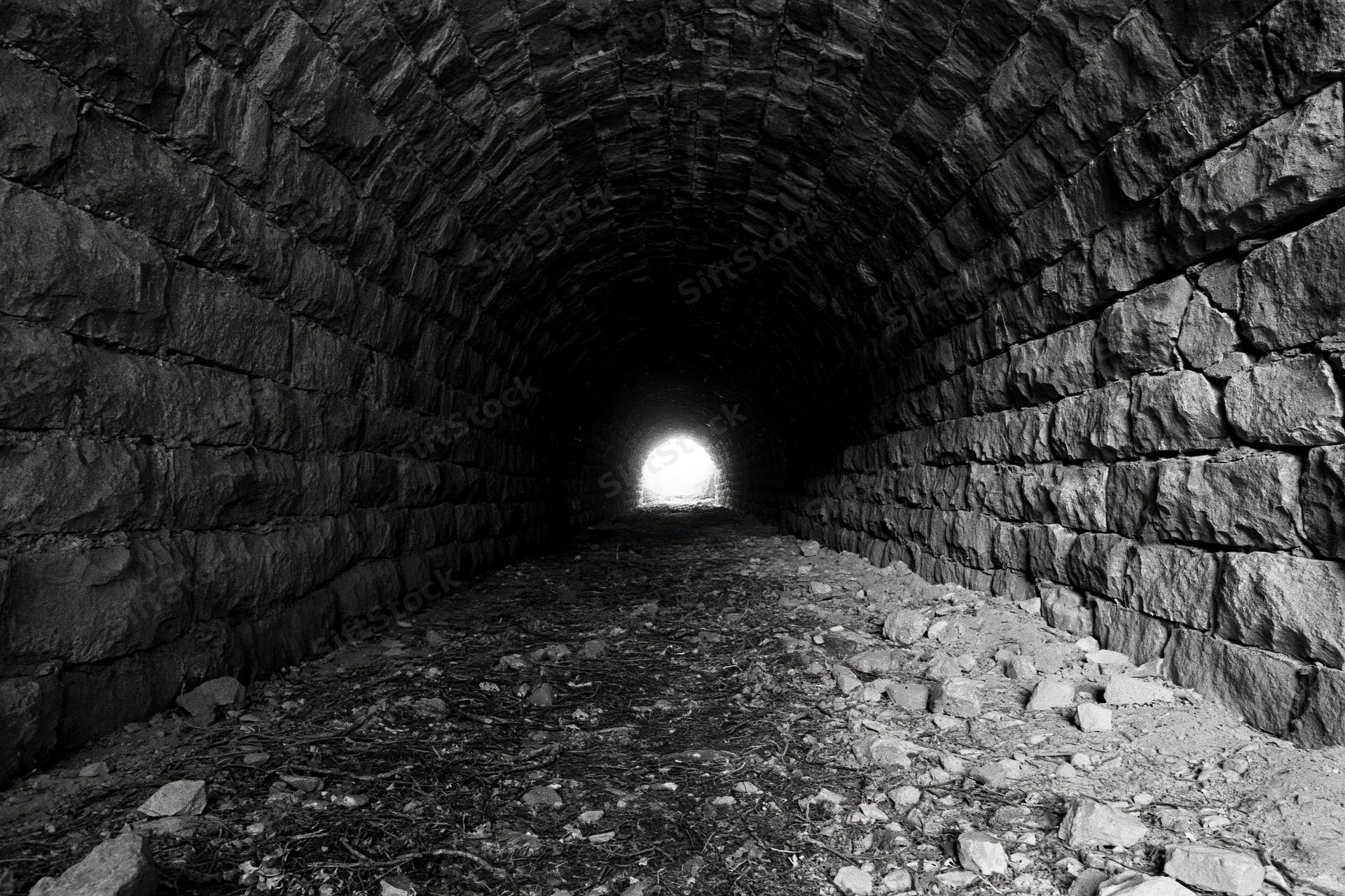 Stone railway tunnel interior with light at far end, abandoned and overgrown with rubble