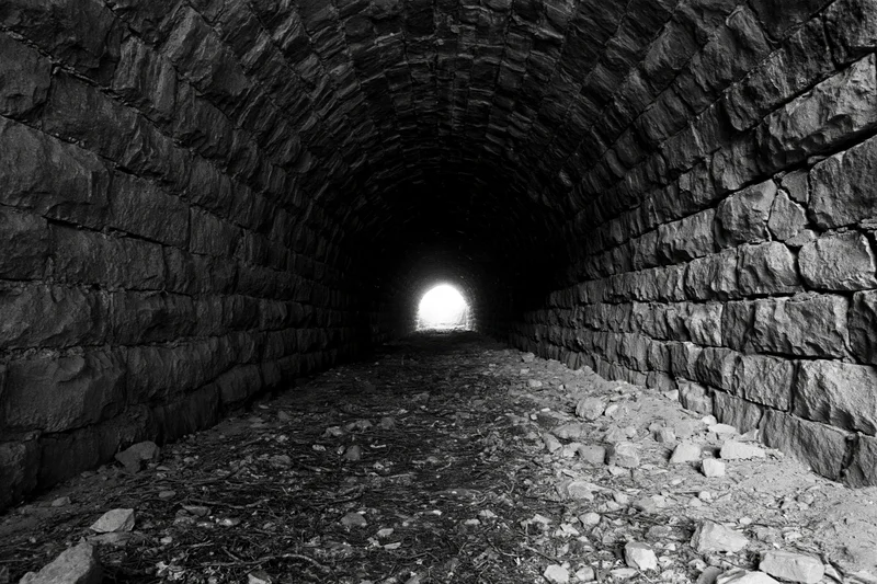 Stone railway tunnel interior with light at far end, abandoned and overgrown with rubble