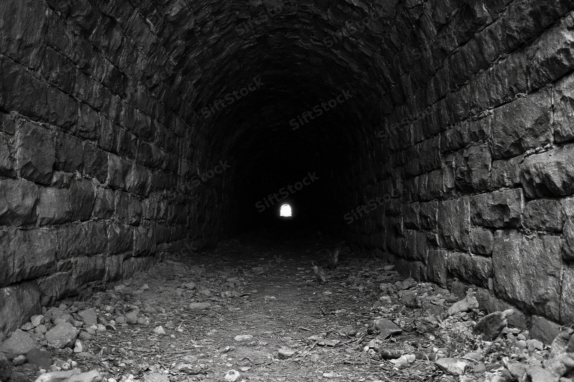 Stone railway tunnel interior with arched walls and light at far end