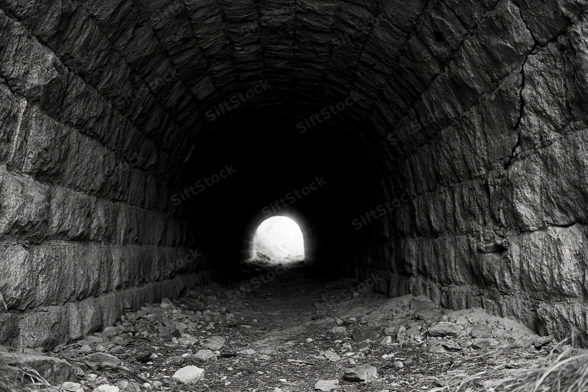 Stone railway tunnel interior with light at far end, abandoned and dark, rough masonry walls and rubble floor