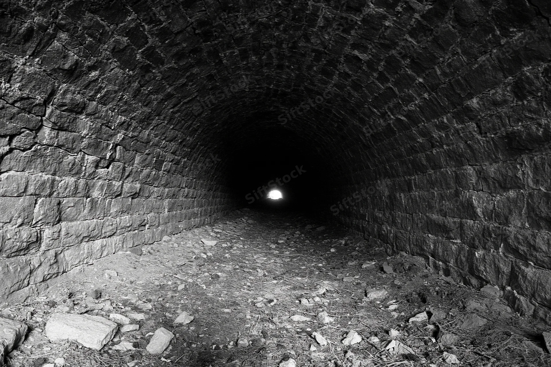 Stone railway tunnel interior with light at far end, abandoned and overgrown with rubble