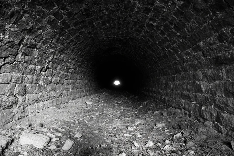 Stone railway tunnel interior with light at far end, abandoned and overgrown with rubble
