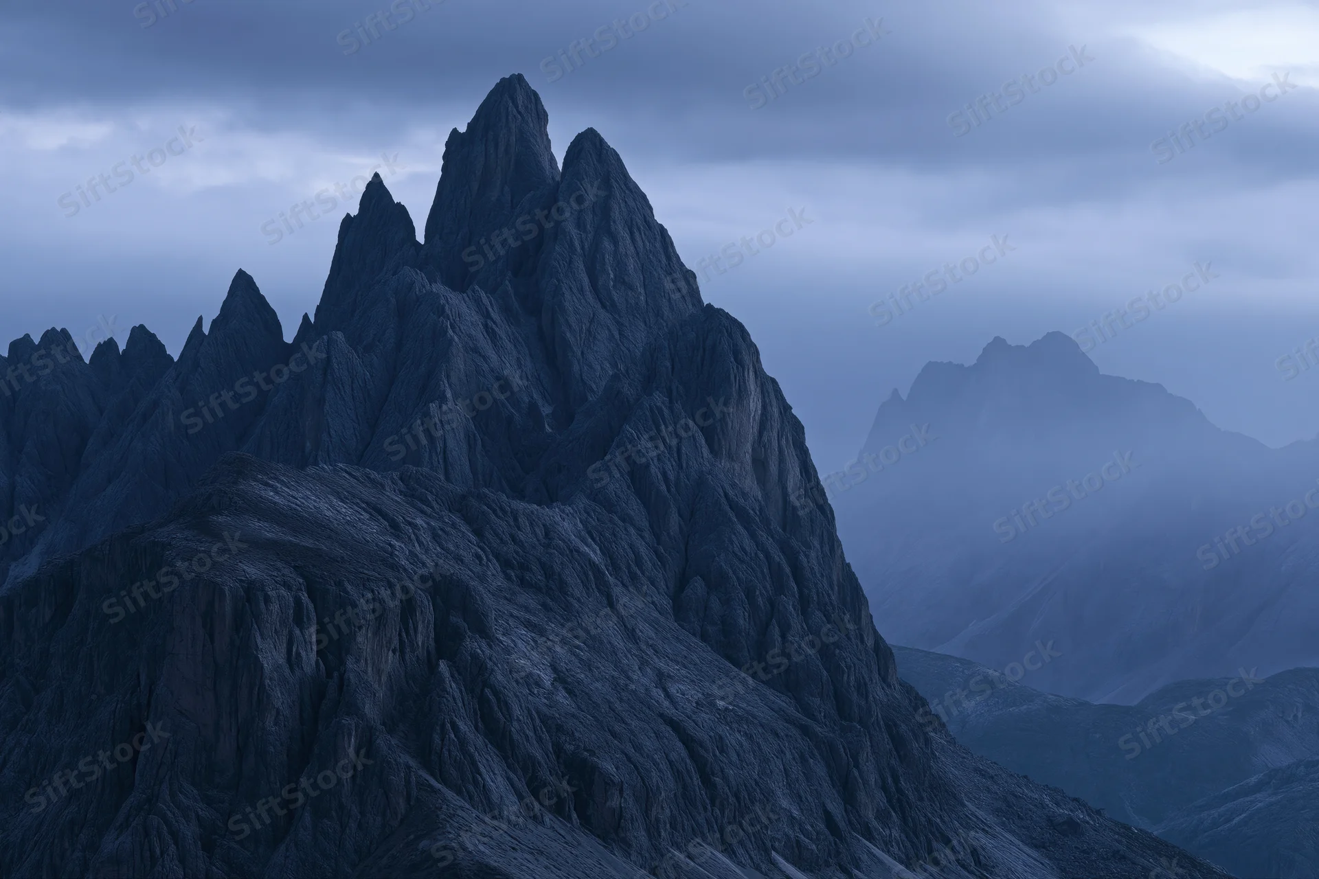 Jagged dolomite mountain peaks rising sharply under stormy overcast sky