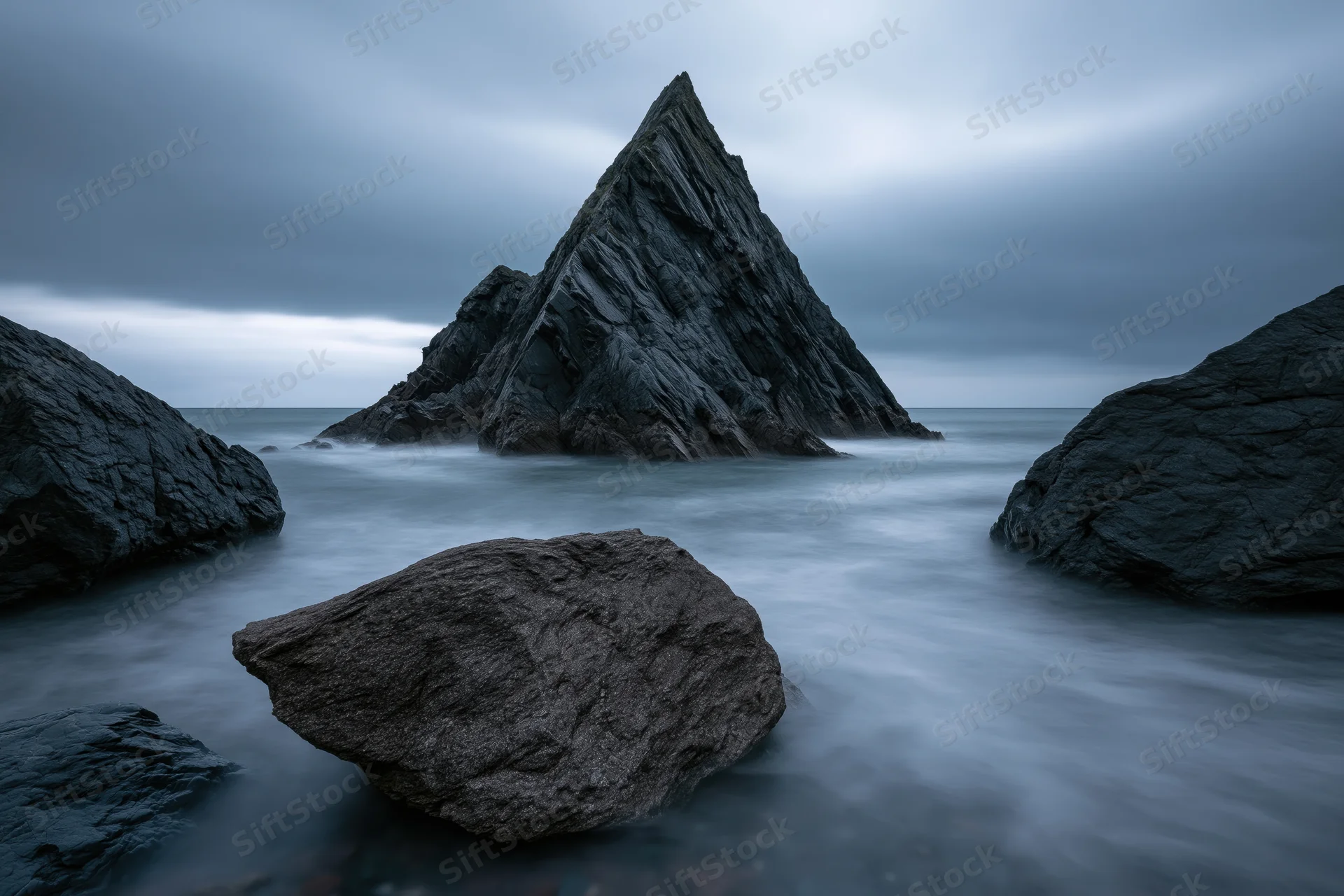 Jagged rock formation rising from the sea under overcast sky