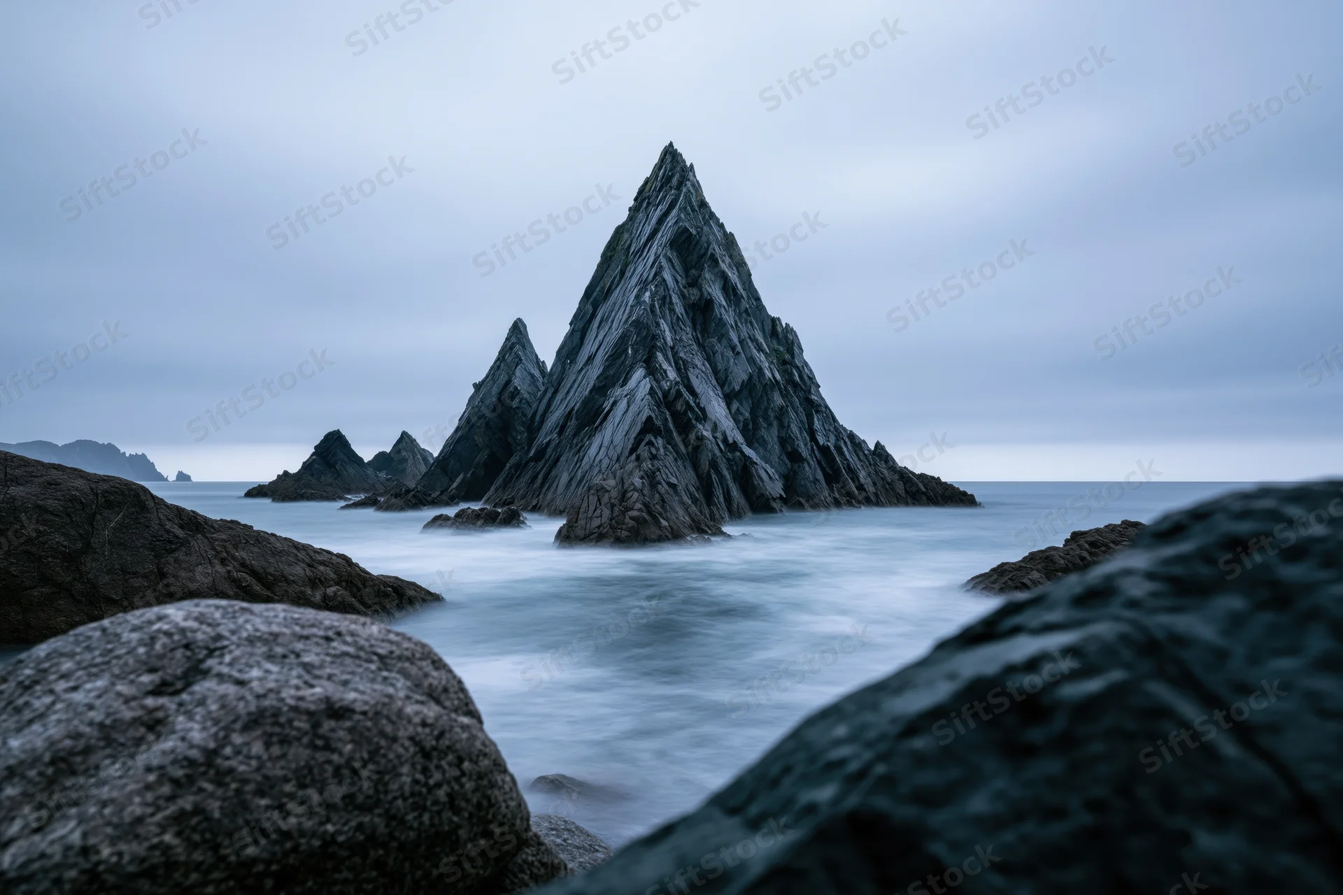 Jagged coastal rock formation rising from the sea under overcast sky