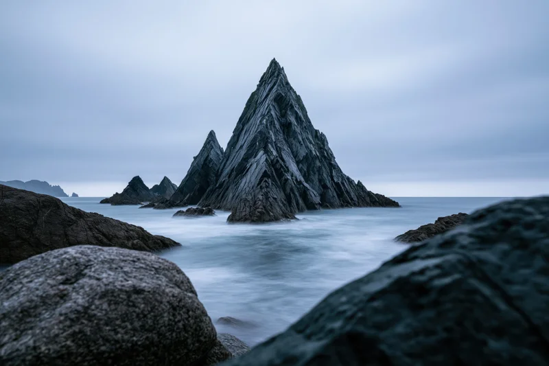 Jagged coastal rock formation rising from the sea under overcast sky