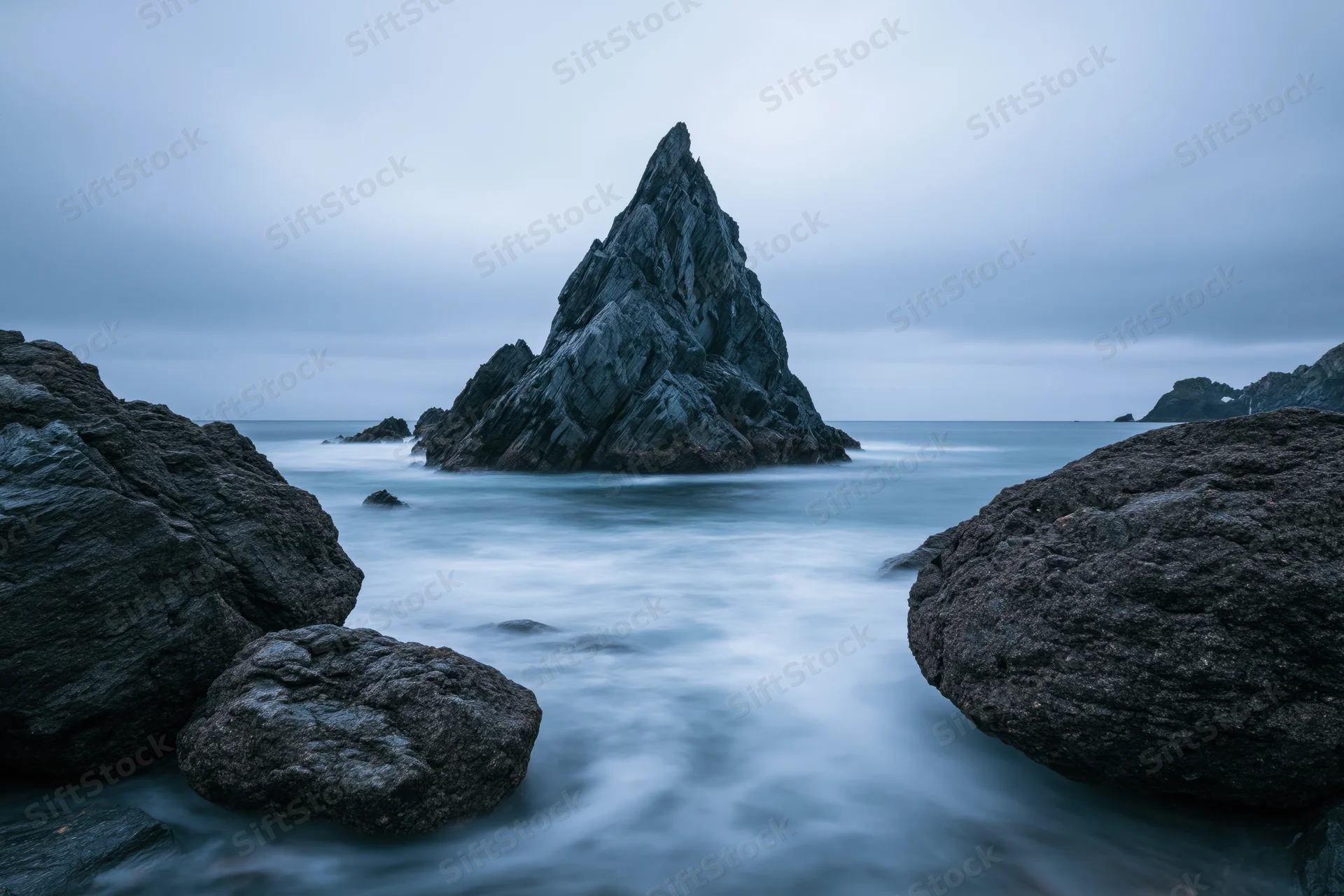 Jagged rock formation rising from the sea between large boulders under an overcast sky