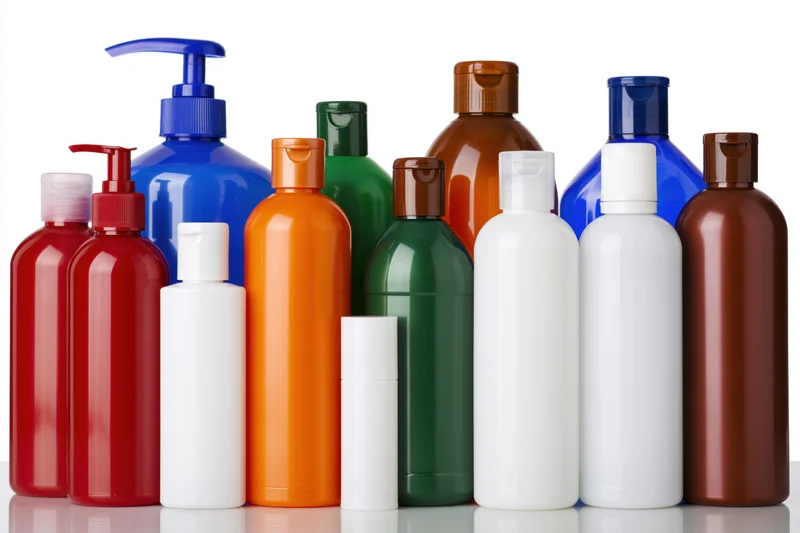 Colorful plastic bottles for personal care products arranged in a row on white background