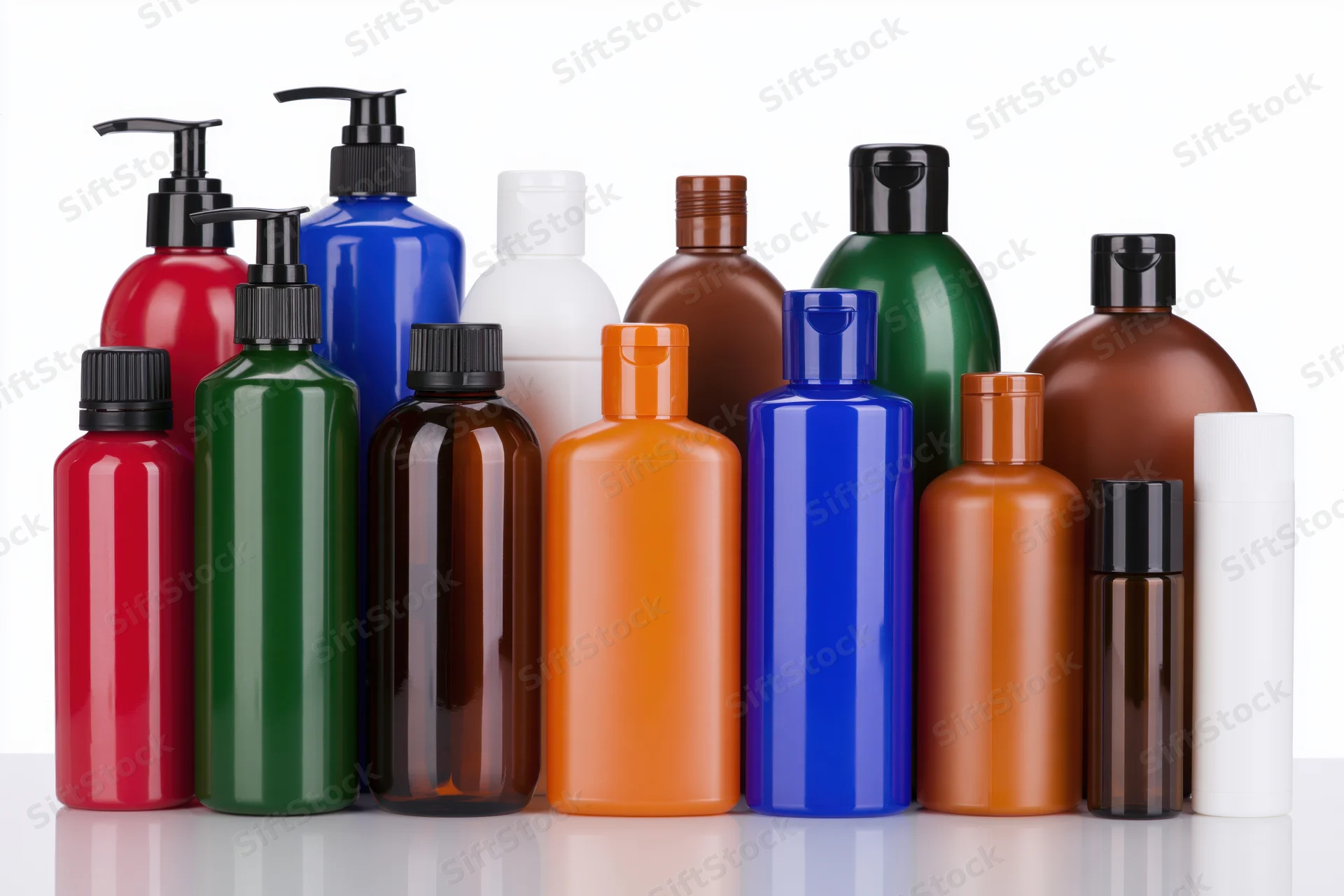 Colorful plastic bottles for personal care products arranged in a row on a white reflective surface