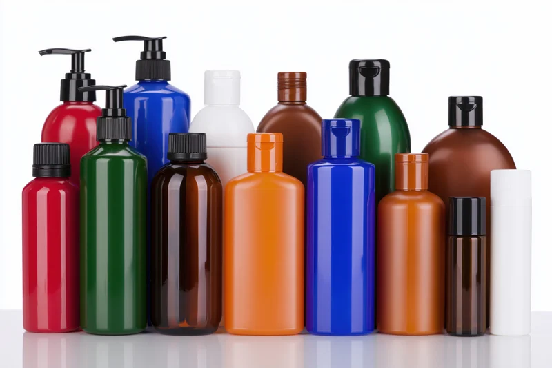 Colorful plastic bottles for personal care products arranged in a row on a white reflective surface