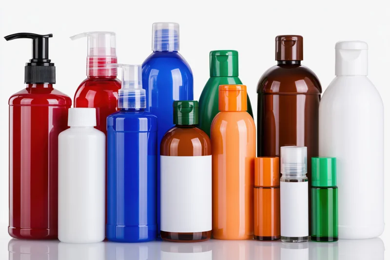 Colorful plastic bottles for personal care products arranged in a row on a white reflective surface