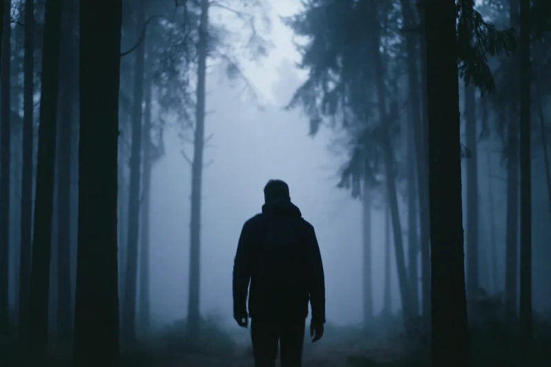 Man walking away through foggy forest in silhouette