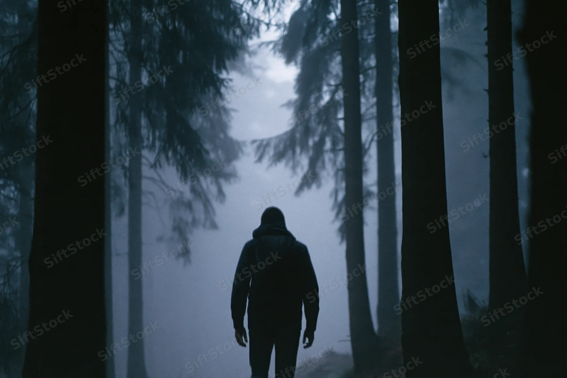 Man walking away through foggy forest path at twilight