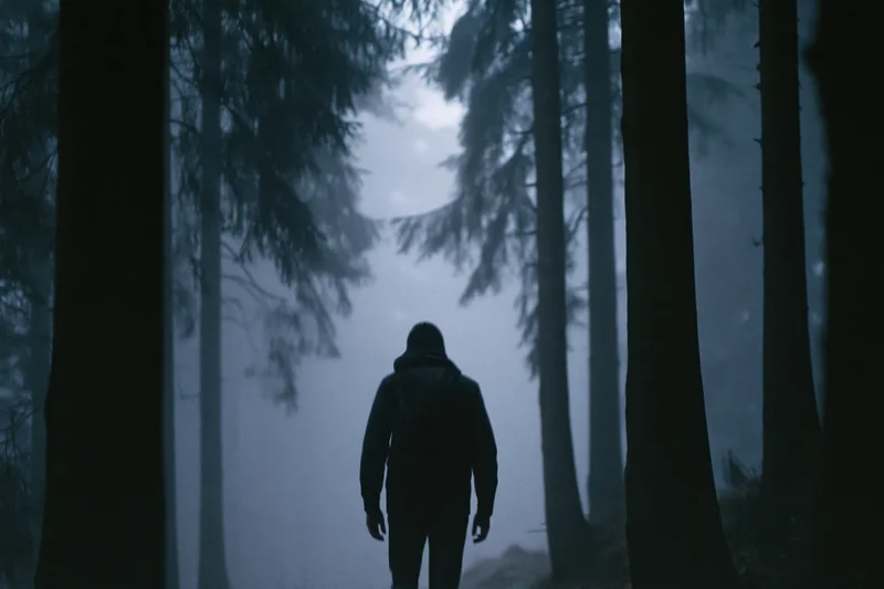 Man walking away through foggy forest path at twilight