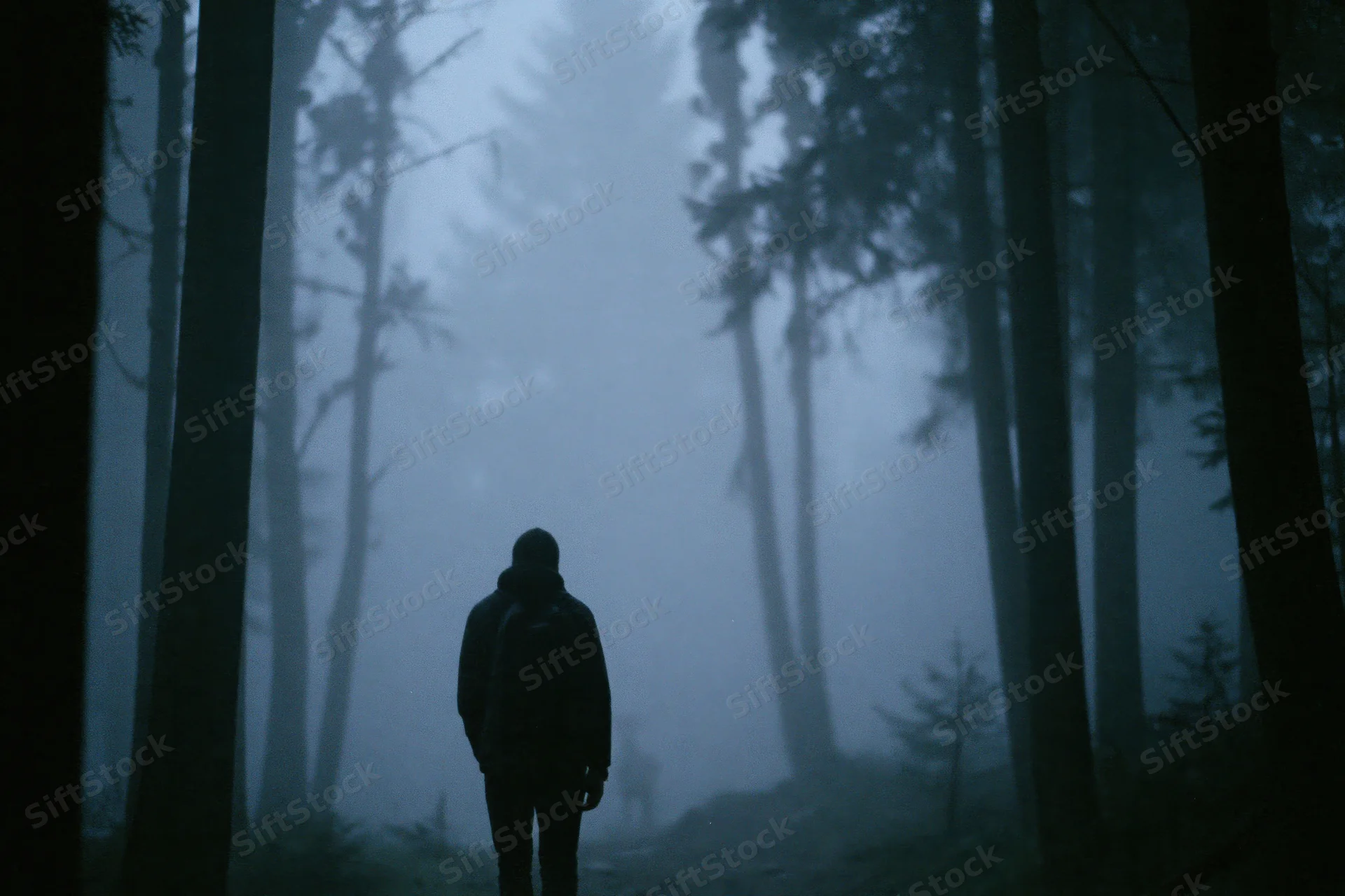 Silhouette of a man walking away through a foggy forest trail