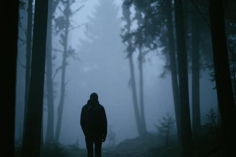 Silhouette of a man walking away through a foggy forest trail