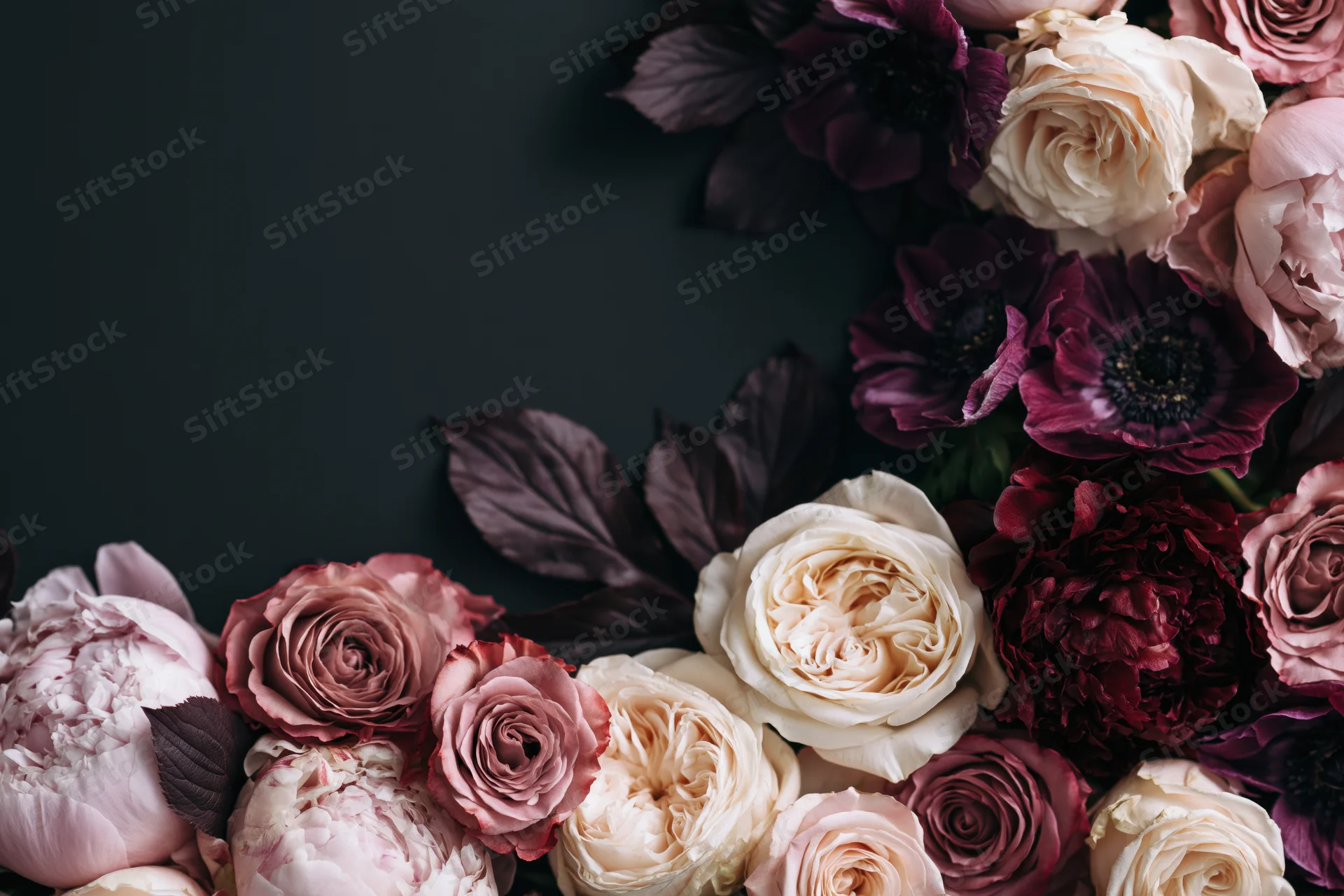 Lush floral arrangement of peonies, roses and anemones clustered on dark background with copyspace