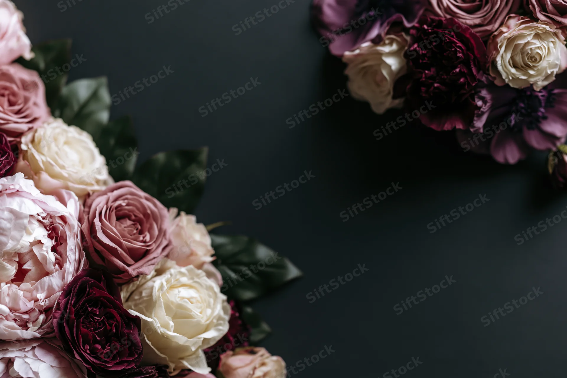 Lush floral arrangement of peonies, roses and anemones on dark surface with copyspace