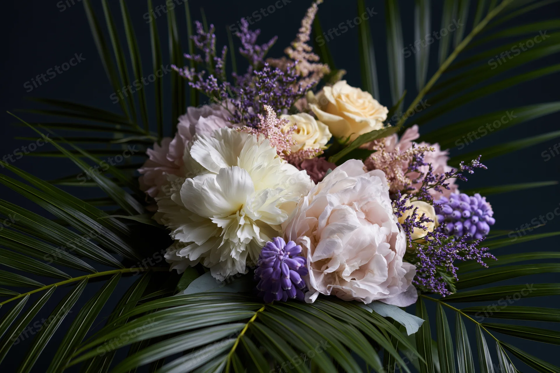 Lush floral arrangement with white and blush peonies, purple flowers, and green palm leaves on dark background