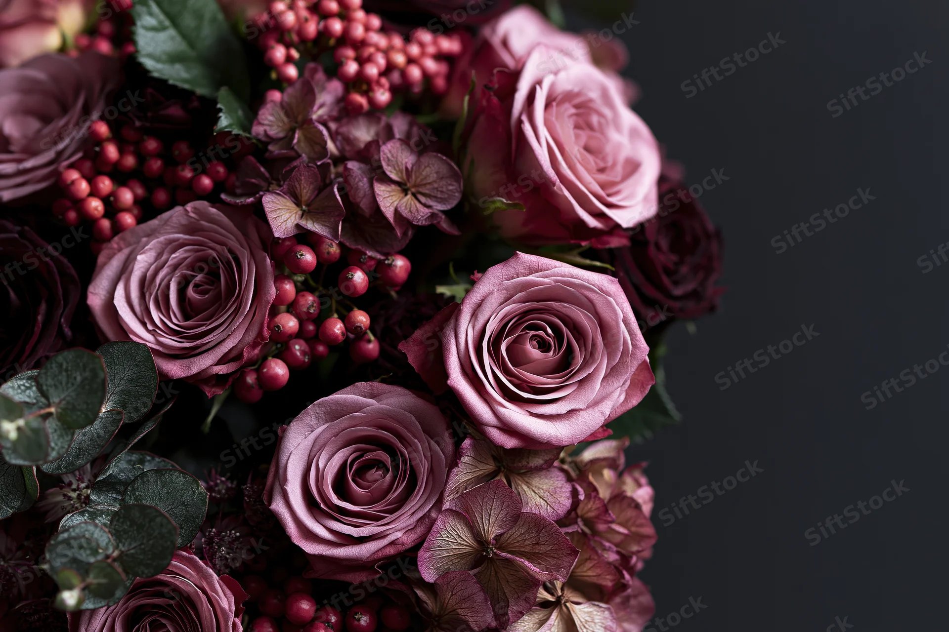 Lush bouquet of dusty pink roses and dried hydrangeas with red berries and eucalyptus leaves on dark background