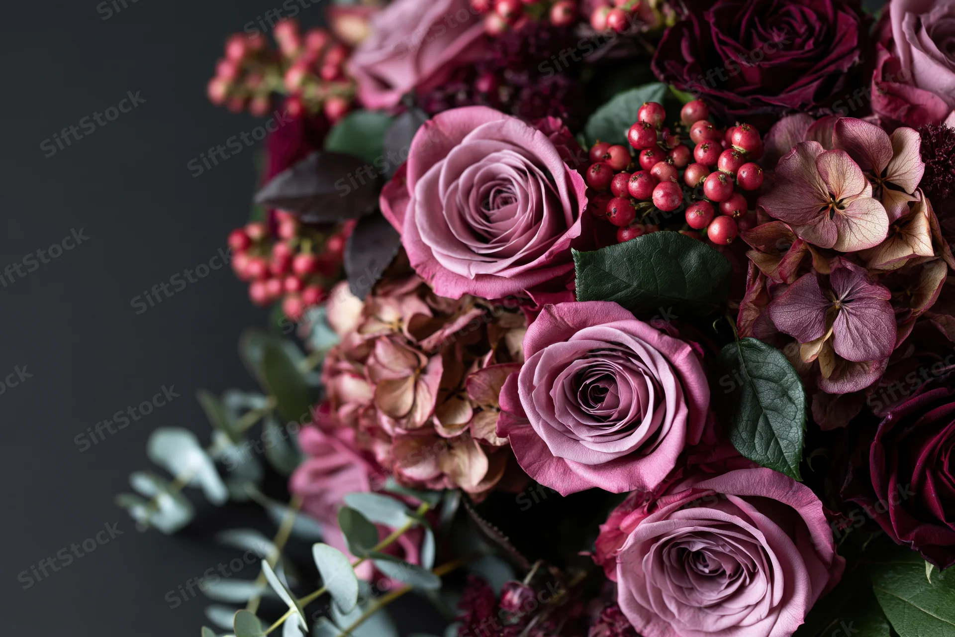 Lush bouquet of dusty pink roses and dried hydrangeas with eucalyptus and berries on dark background