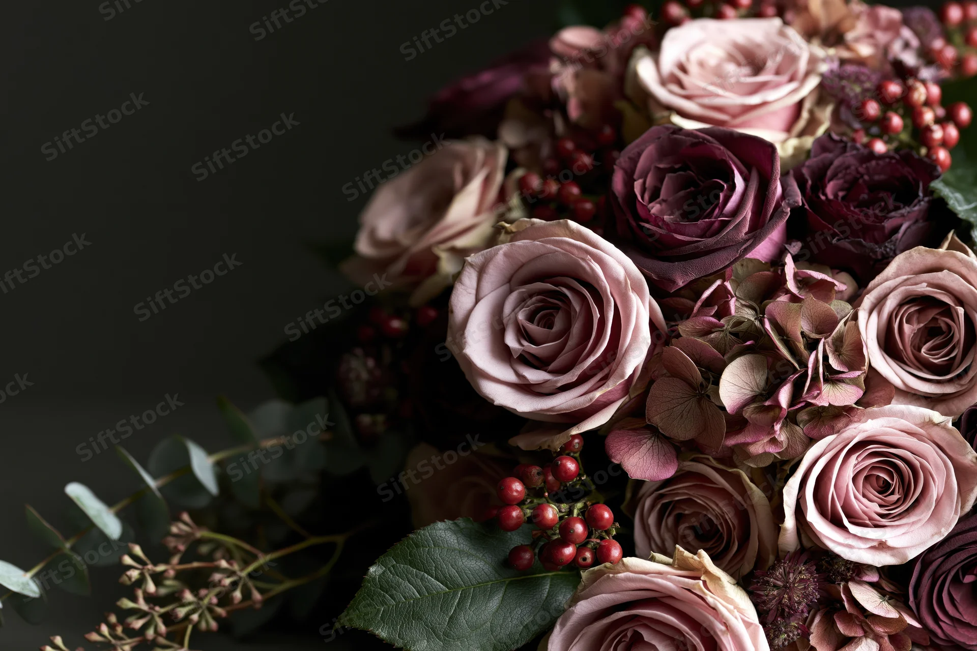 Lush bouquet of dusty pink roses and dried hydrangeas with berries and eucalyptus on dark background