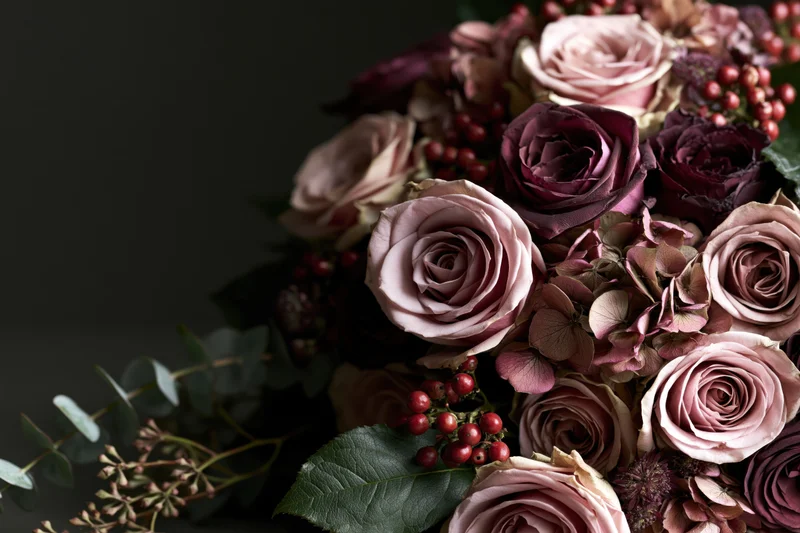 Lush bouquet of dusty pink roses and dried hydrangeas with berries and eucalyptus on dark background