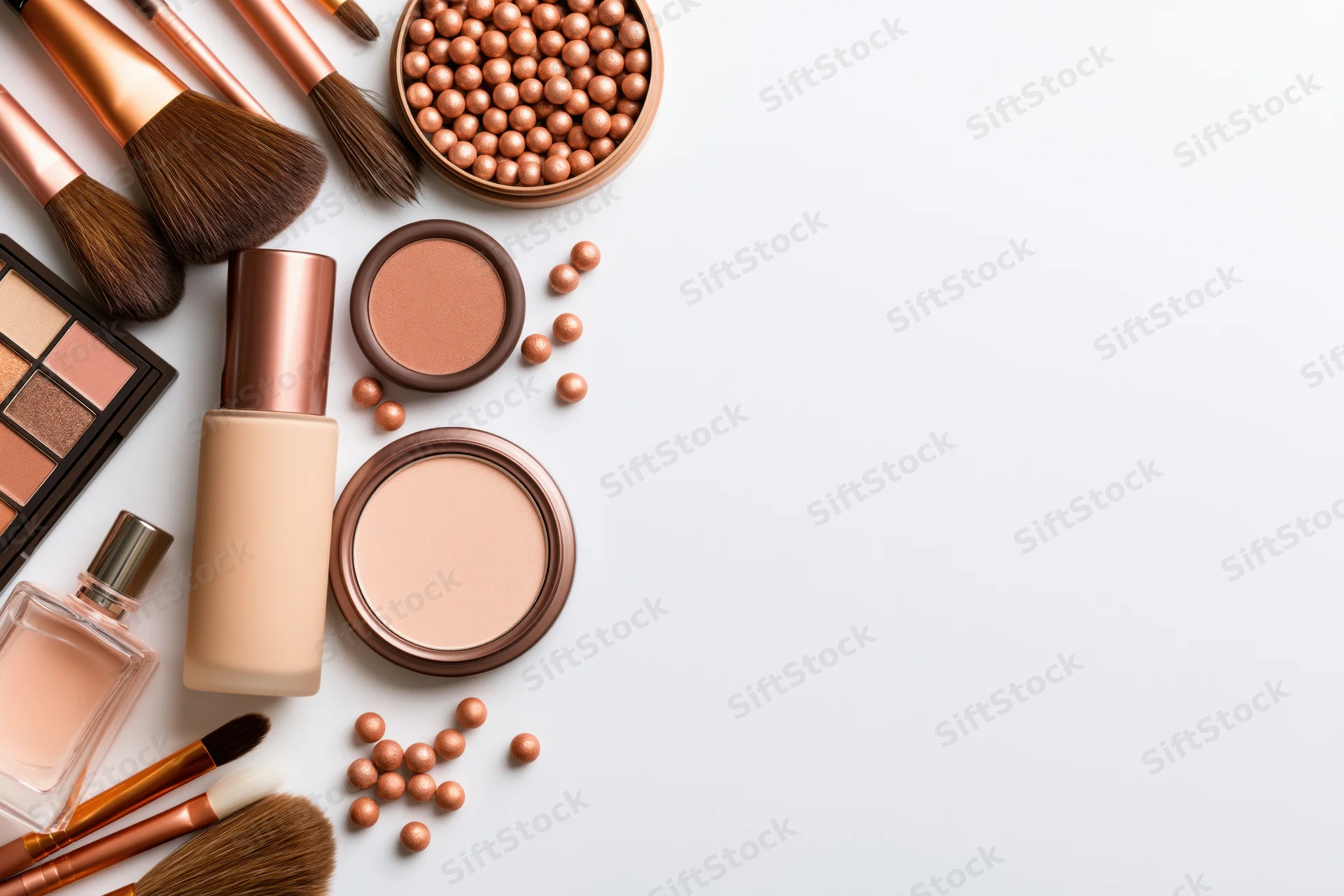 Makeup products arranged in upper-left corner on white background with copyspace