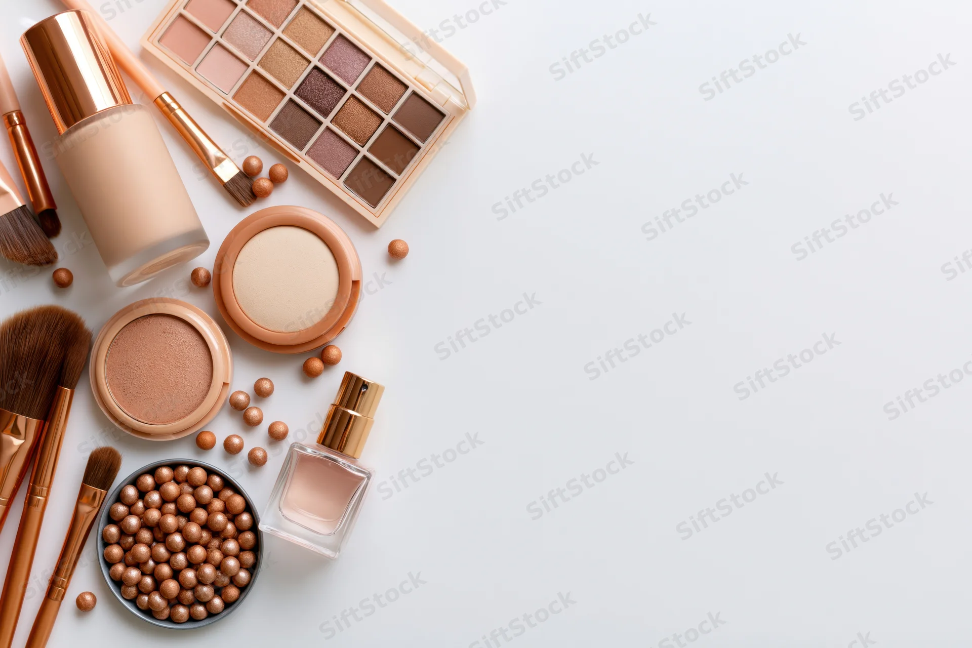 Makeup products arranged in upper-left corner on white surface with copyspace