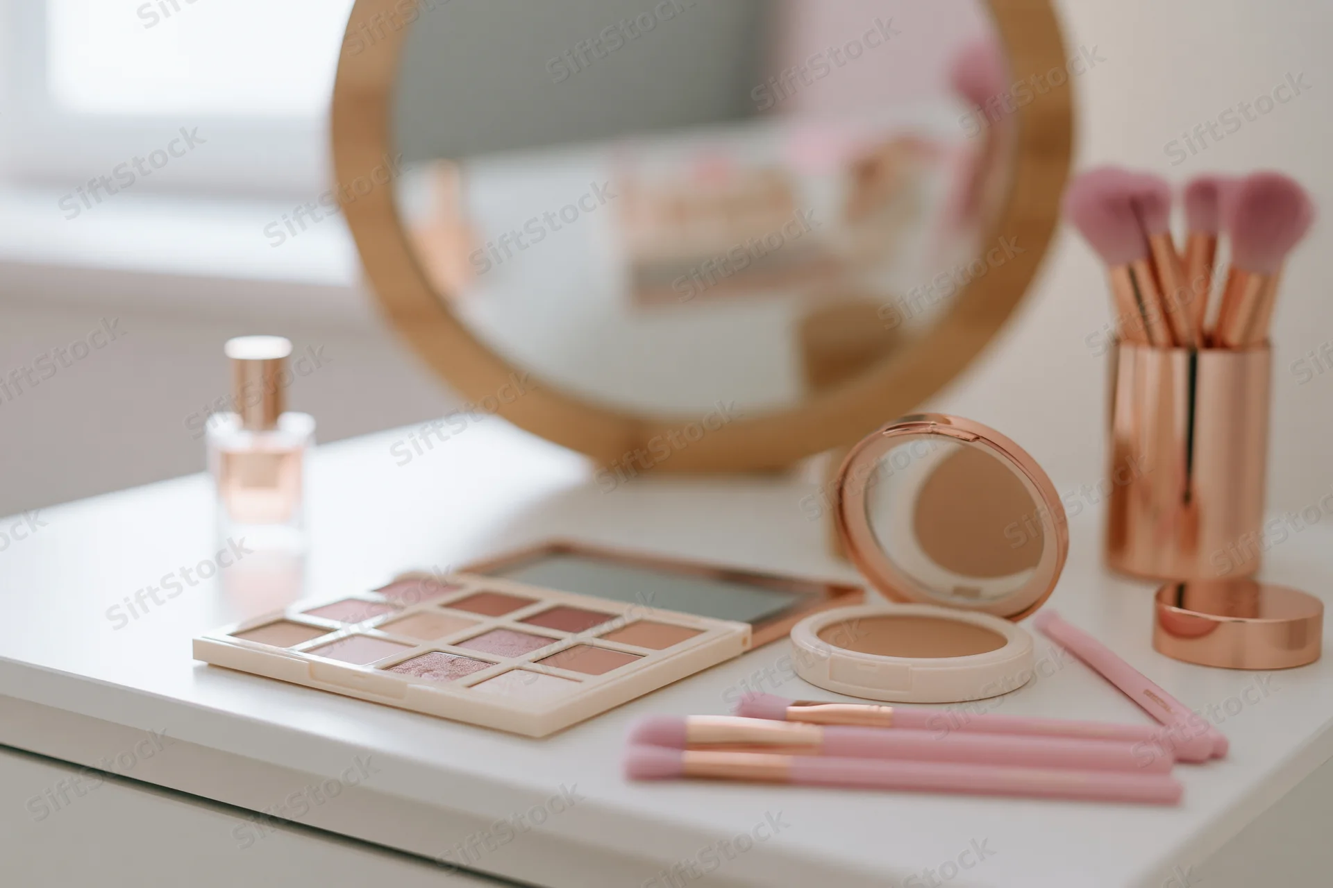 Makeup products arranged on a white vanity table with mirror and brushes