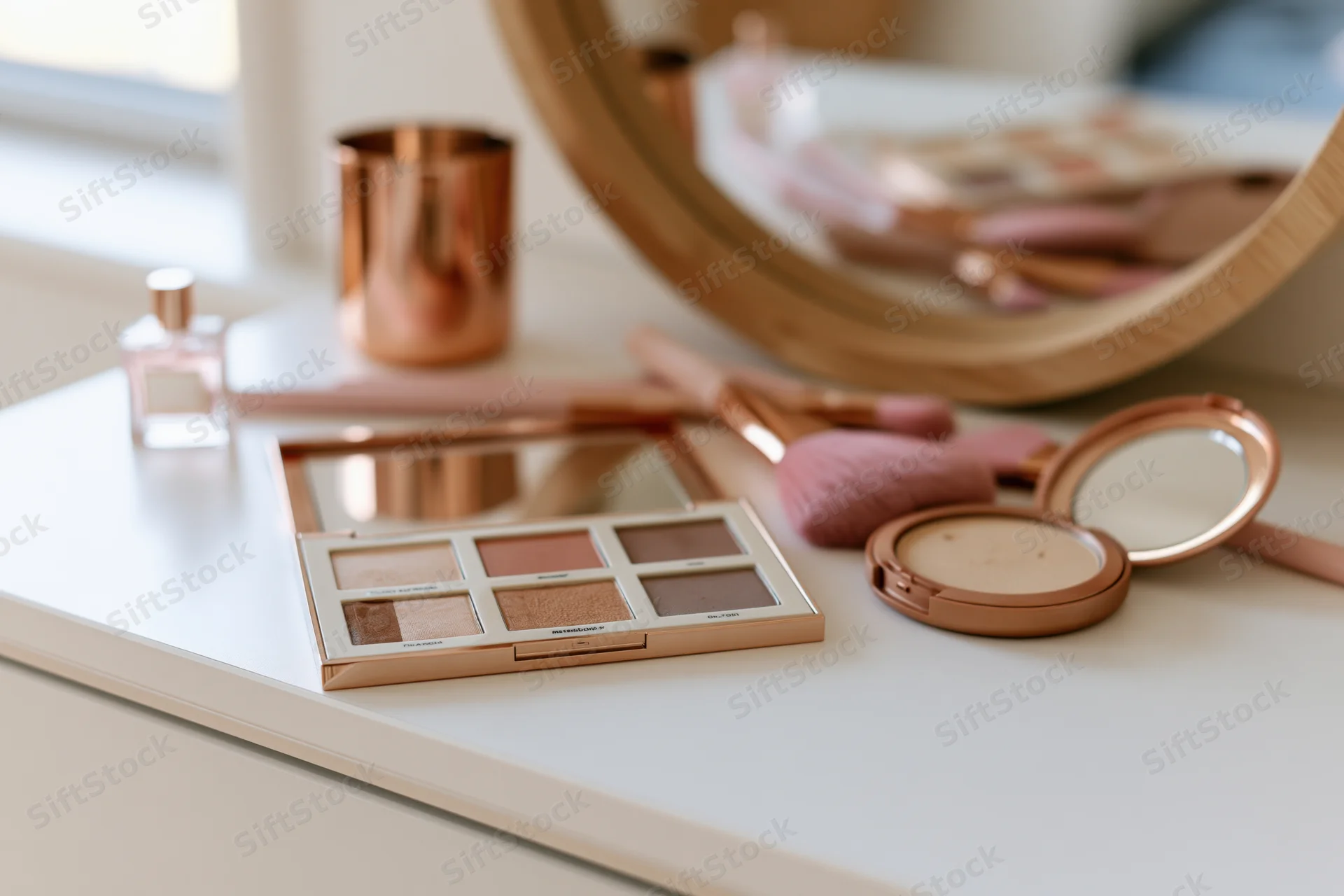 Makeup products arranged on a white vanity table with mirror and brushes