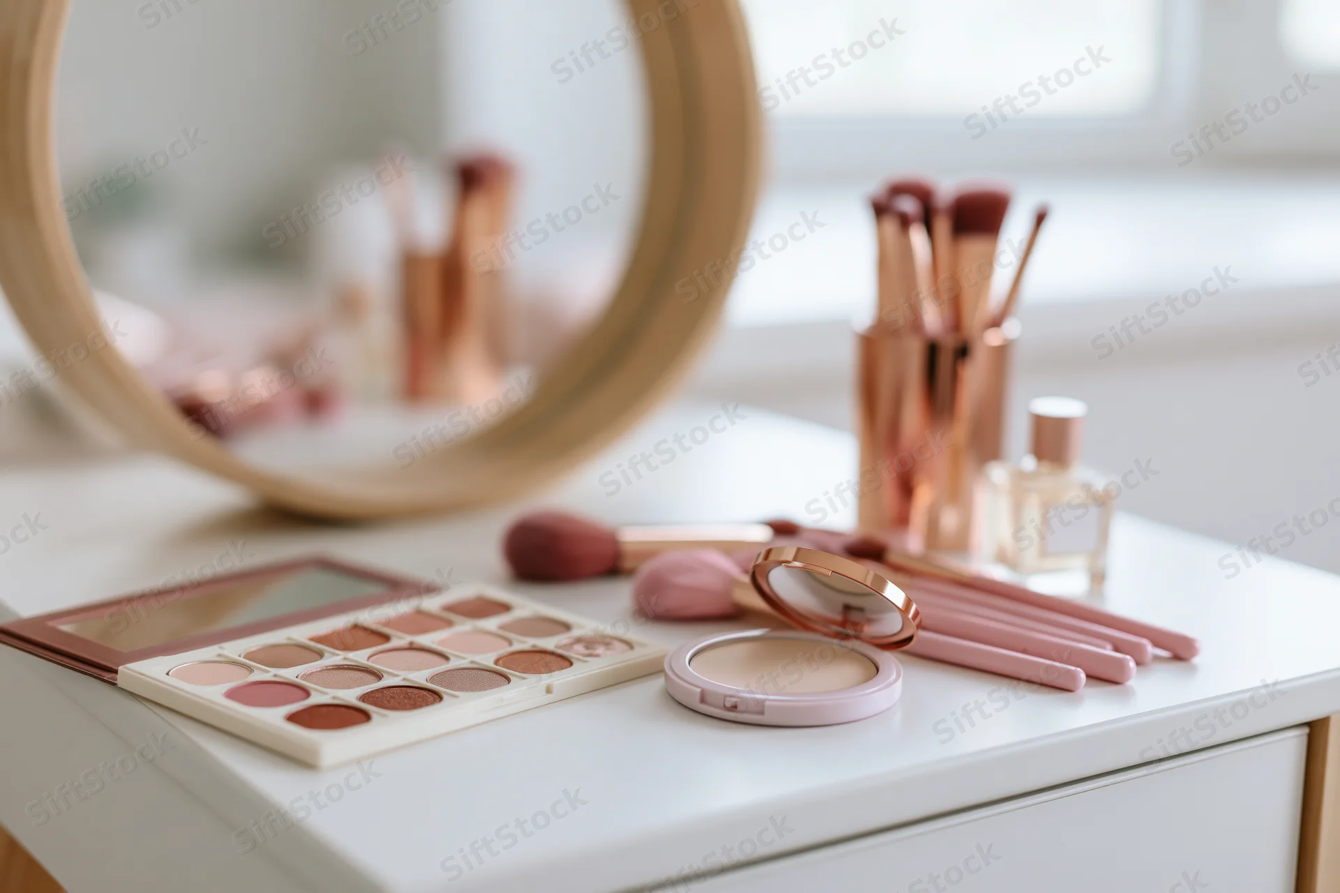 Makeup products arranged on a white vanity table with mirror and brushes