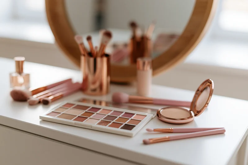 Makeup products arranged on a white vanity table with a round mirror and copper-toned brushes and compacts