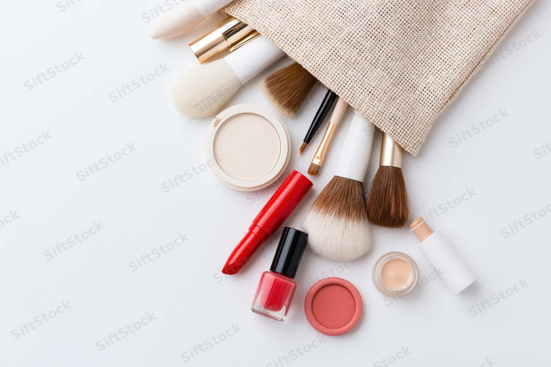 Makeup products spilled from a beige pouch on white surface