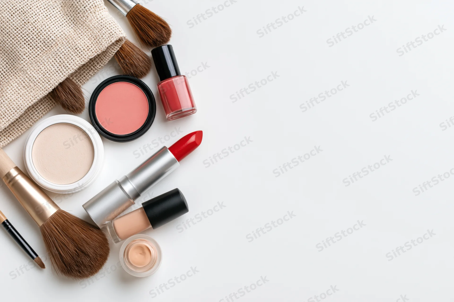 Makeup products spilled from a cosmetic bag arranged on white surface with copyspace