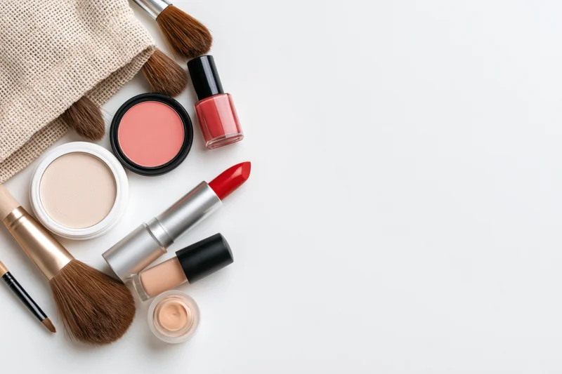 Makeup products spilled from a cosmetic bag arranged on white surface with copyspace